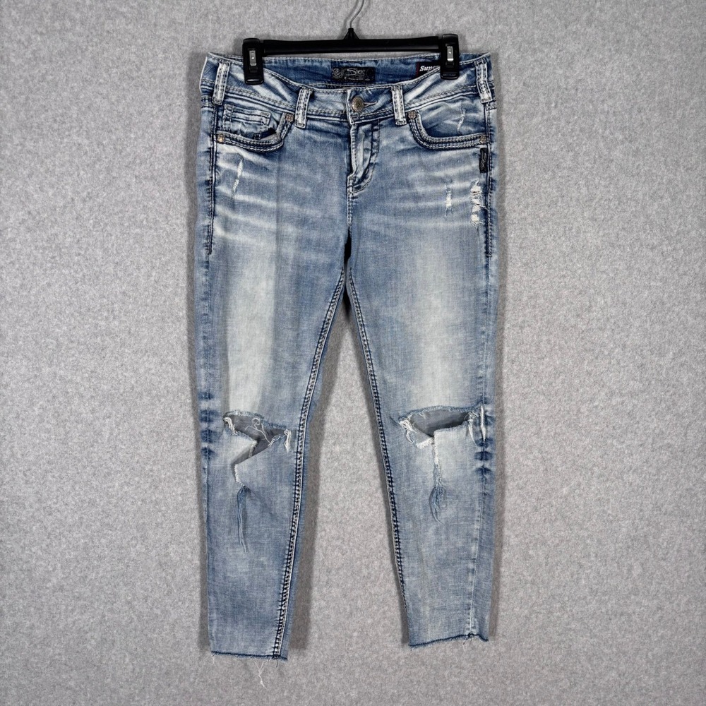 Silver Jeans SUKI Mid Ankle Skinny 29x26 Low Rise‎ Distressed Ripped Knees Crop